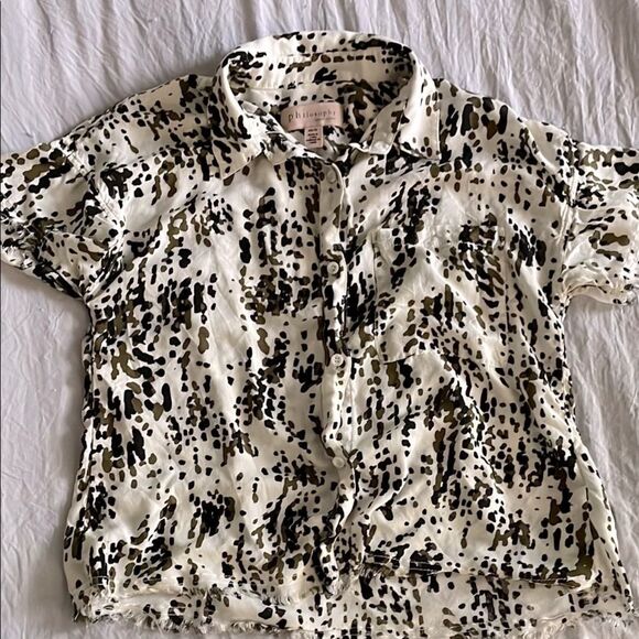 Philosophy Women's Abstract Dot Print Button Down Cream, Olive Black Size XS - Picture 1 of 9